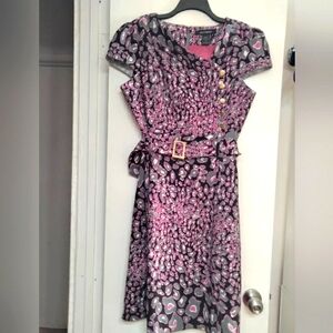 Ashley Stewart Abstract Belted Midi Dress pink/gray/black